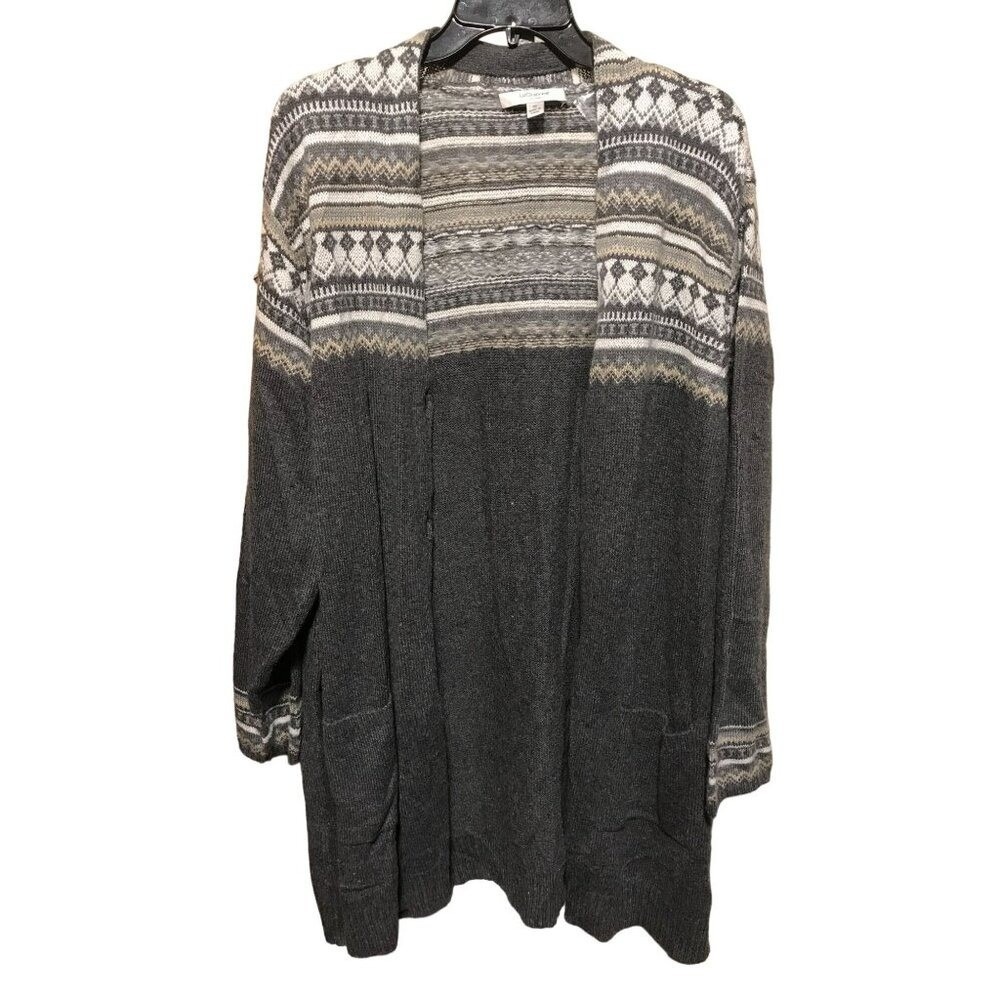 Liz Claiborne Charcoal Gray White Tan accent  Button Down Women's 3x Cardigan w/